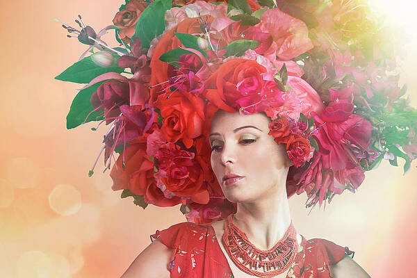 AI sample woman-wearing-a-big-red-hat-made-of-paper-boat-creative